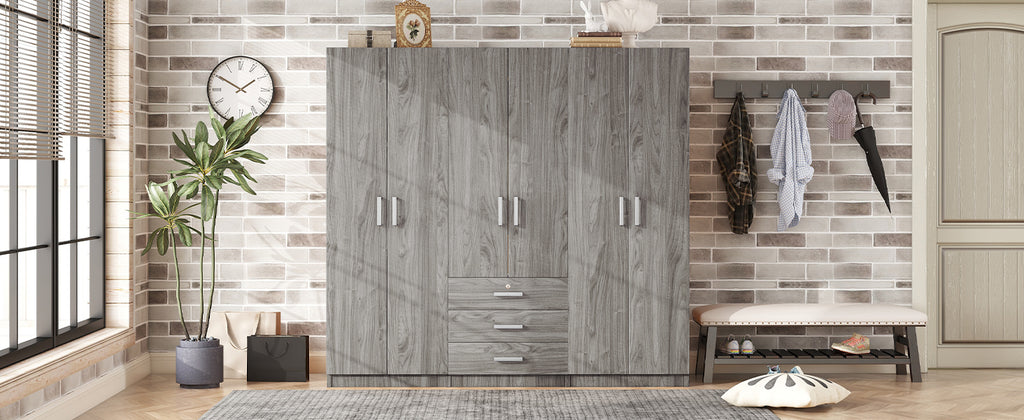 6-Doors Wooden Wardrobe Storage for Bedroom, with Big Drawers, Gray - Grand Goldman Shop