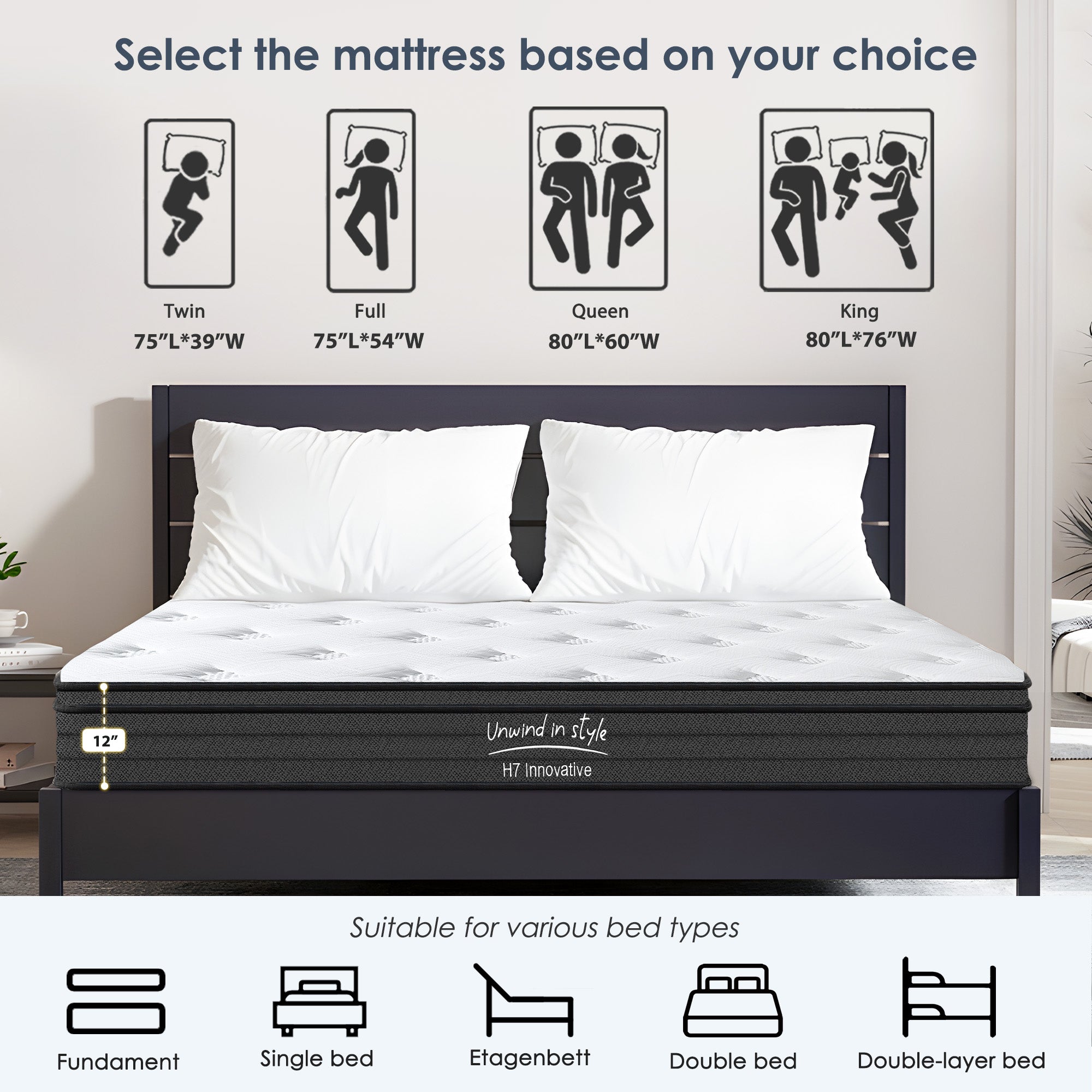 Queen Size Mattress,12 Inch Hybrid Mattress, Individually Pocketed Innerspring, Medium Firm - Grand Goldman Shop