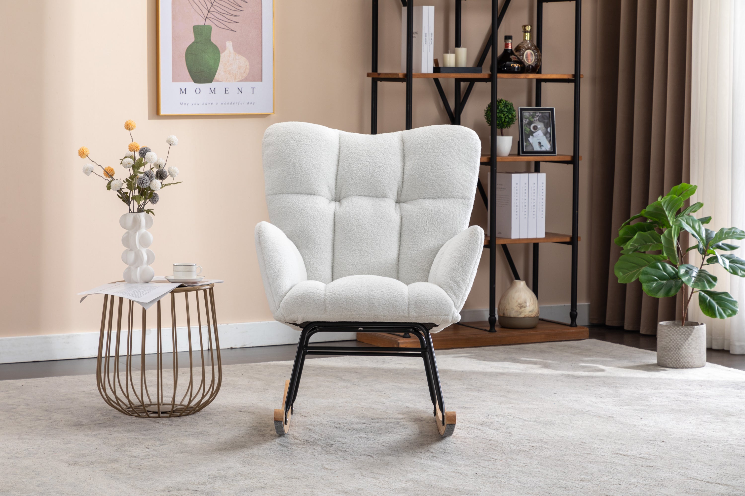 050-Teddy Fabric Rocking Gilder Nursery Chair For Living Room Indoor,Ivory - Grand Goldman Shop