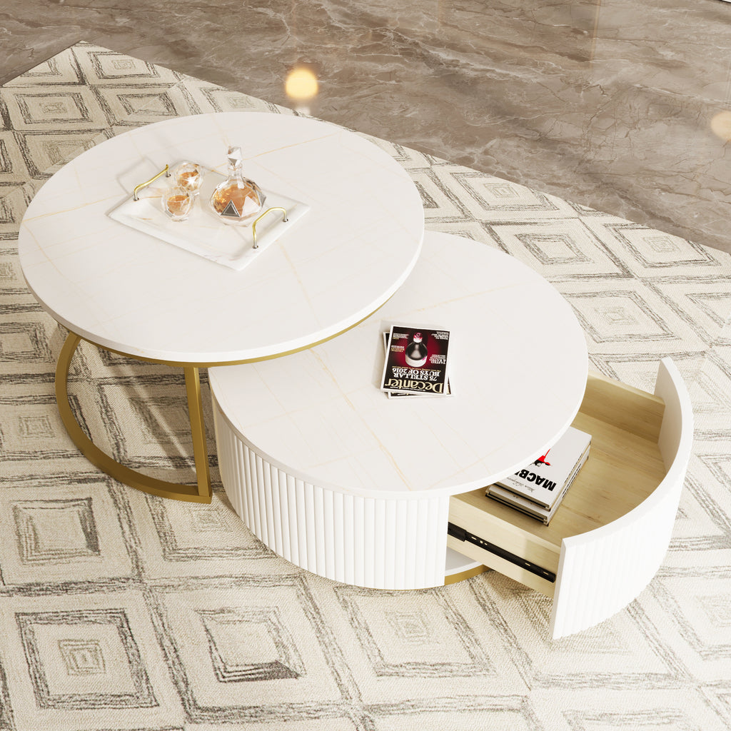 Modern Round Nesting Coffee Table Fluted with Drawer in White & Gold in 31.5'' - Grand Goldman Shop