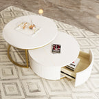 Modern Round Nesting Coffee Table Fluted with Drawer in White & Gold in 31.5'' - Grand Goldman Shop