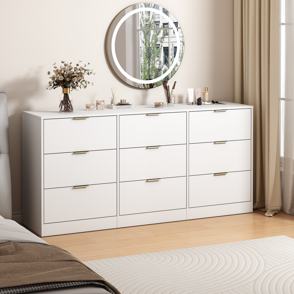 White 9 Drawer Dresser, 63' Large Deep Chest of Drawers, Wooden Dresser Storage Cabinet with 9 Drawers for Bedroom, Long Dressers for Living Room, Hallway - Grand Goldman Shop