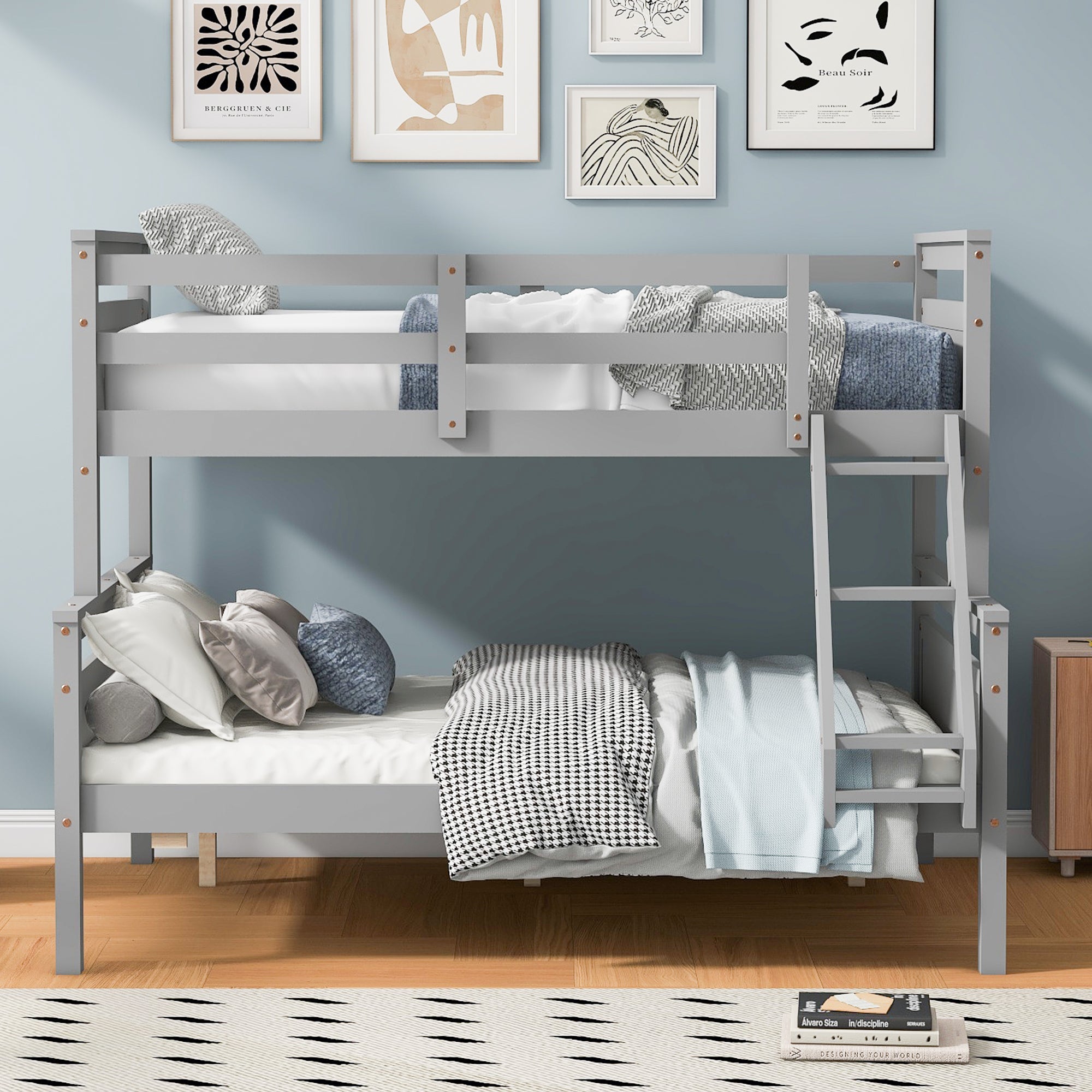 Gray Twin over Full Bunk Bed with Ladder and Safety Guardrail, Pine Wood and MDF, 79.3''L x 57.1''W x 61.3''H - Grand Goldman Shop