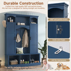 ON-TREND Modern All-in-One Hall Tree with Adjustable Shelves, Classic Arched Farmhouse Storage Bench with Dual Side Cabinets, Elegant Entryway Organizer with 7 Hooks for Mudroom, Hallway, Blue - Grand Goldman Shop