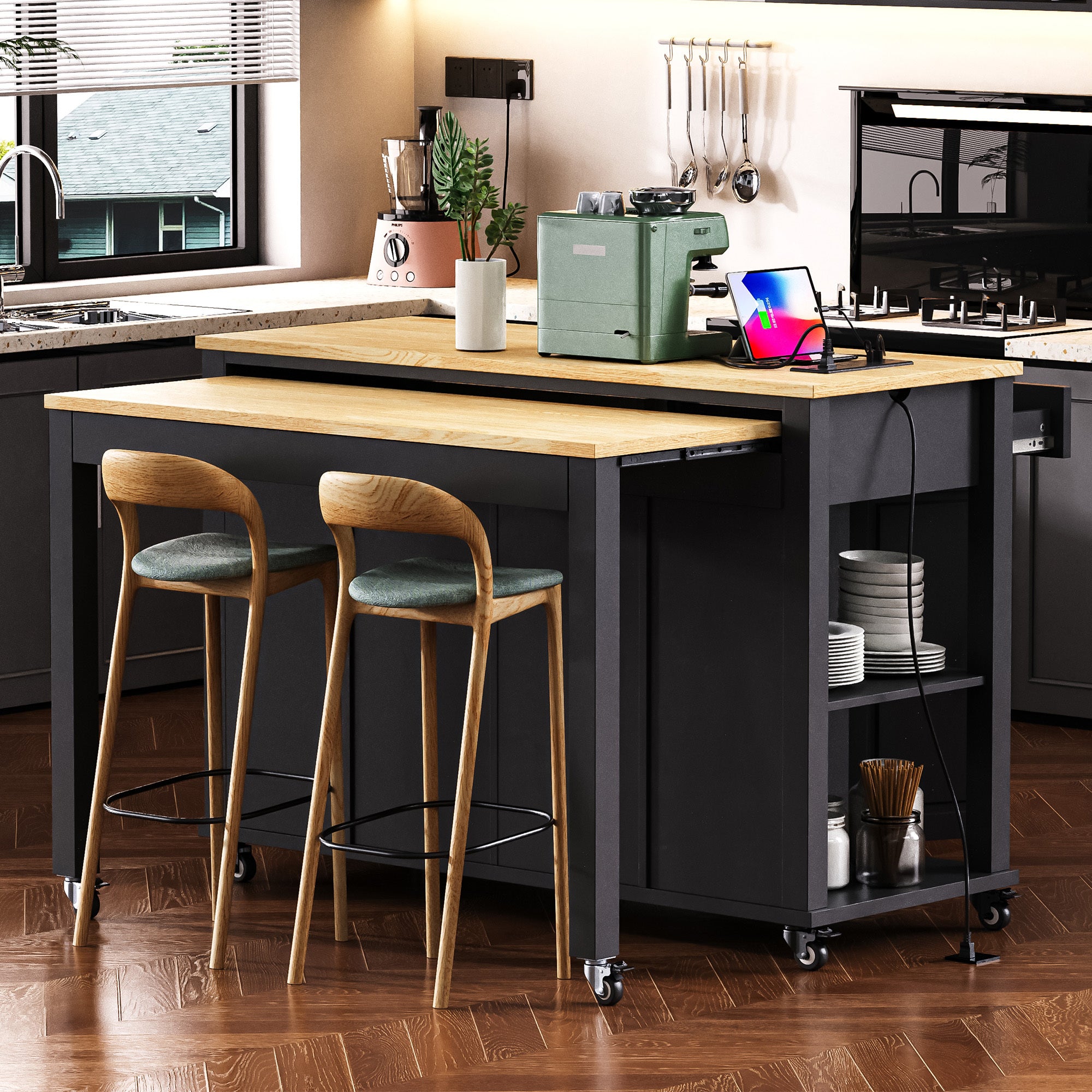 K&K 47 inch Kitchen Island with Extendable Dining Table, Rubber Wood Veneer Kitchen Table with Internal Storage Rack, Power Outlet, Kitchen island with Storage 2 Drawers 2 Cabinet, Black - Grand Goldman Shop