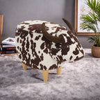 Cow-Shaped Modern Ottoman Footstool in Brown and White Fabric with Velvet Horns, Birch Legs, 25.25 x 14.00 x 16.75 inches - Grand Goldman Shop