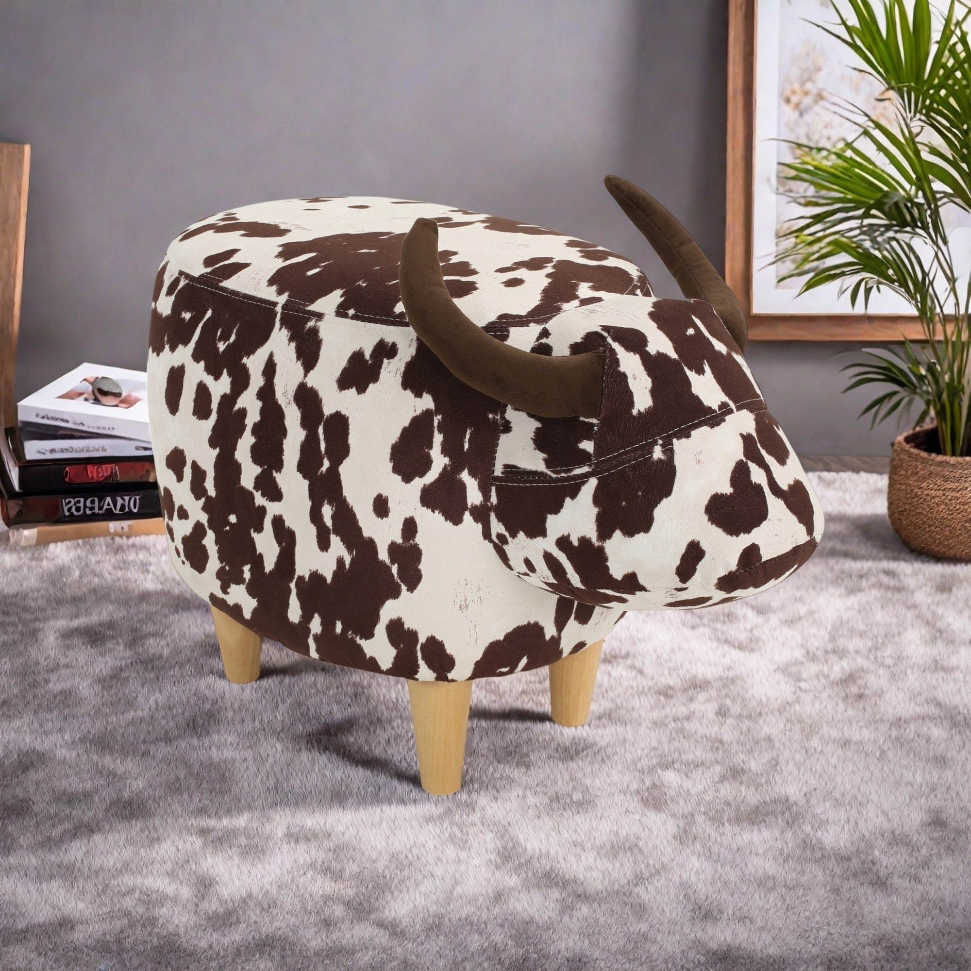 Cow-Shaped Modern Ottoman Footstool in Brown and White Fabric with Velvet Horns, Birch Legs, 25.25 x 14.00 x 16.75 inches - Grand Goldman Shop