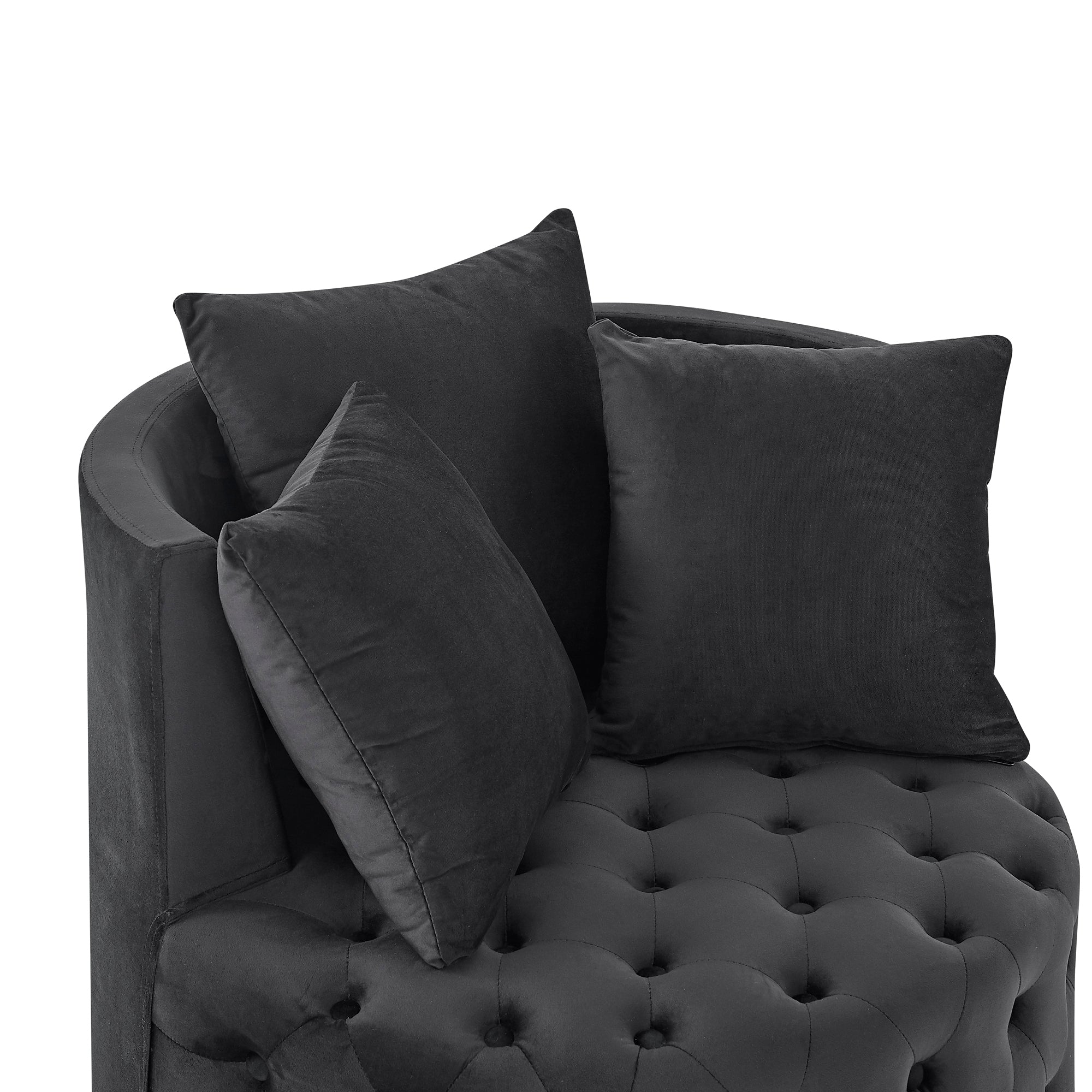 Modern Velvet Upholstered Swivel Chair with Button Tufted Design, Movable Wheels, 3 Pillows, Black - Grand Goldman Shop