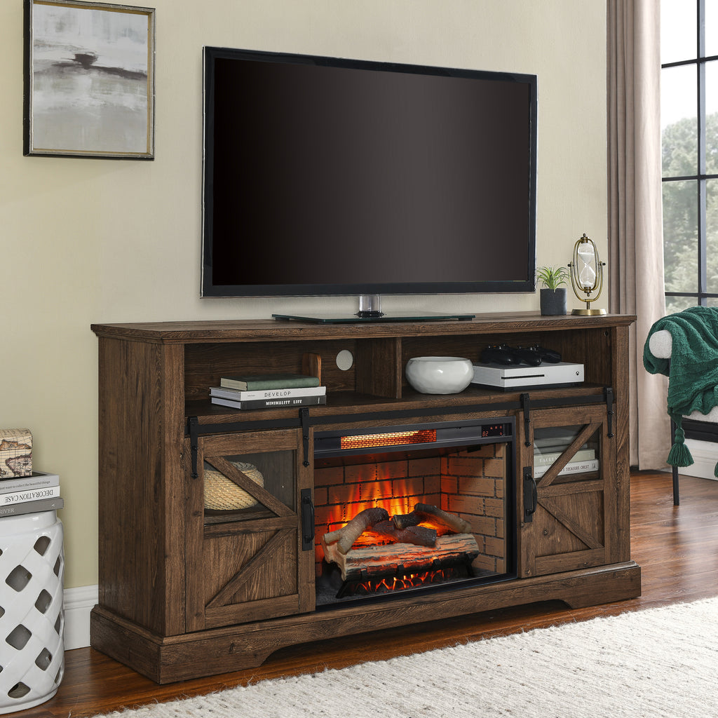 60 Inch Electric Fireplace  Entertainment Center With Door Sensor-Reclaimed Barnwood Color - Grand Goldman Shop