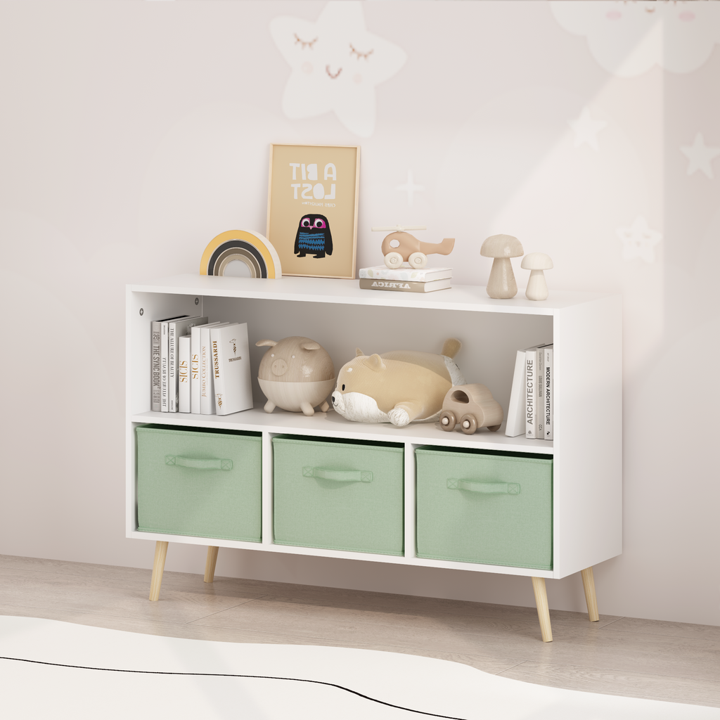Kids bookcase with Collapsible Fabric Drawers, Children's Book Display, Toy Storage Cabinet Organizer, White/Green - Grand Go