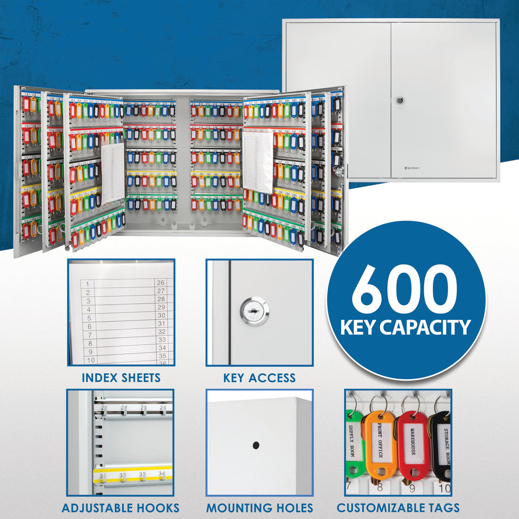 Adjustable Key Cabinet with Key Lock for Secure Storage, Gray Steel, 600-Key Capacity - Grand Goldman
