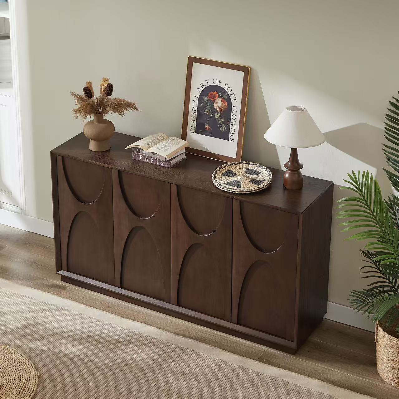 4 Door Accent Cabinet with Solid Wood Carved Doors, Adjustable Shelves, Push to Open Storage Cabinet with Cable Management, Ash Veneer Sideboard for Living Room, - Grand Goldman Shop