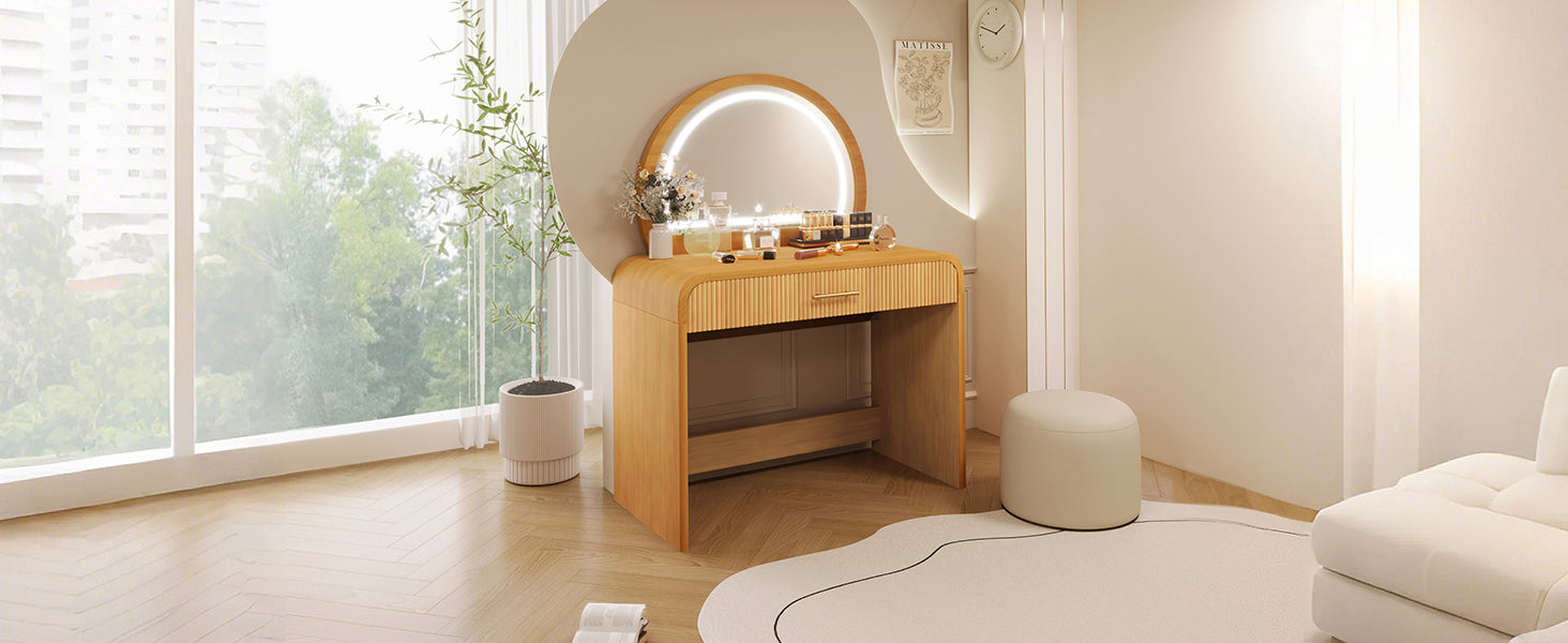 39' Makeup Vanity Table with Mirror Touch Screen Lighted Mirror, Dressing Table with Drawer for Bedroom, Natural - Grand Goldman Shop