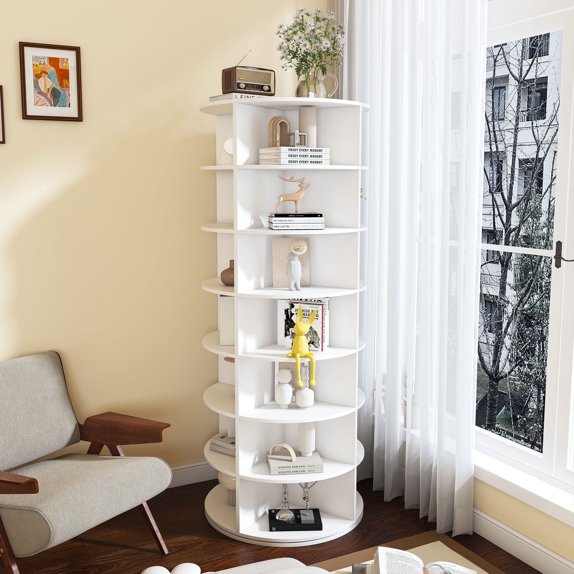 Rotating Shoe Rack Tower, 7-Tier Spinning Storage Rack, Free Standing 360° Revolving Organizer in White with Durable PVC Construction - Grand Goldman Shop