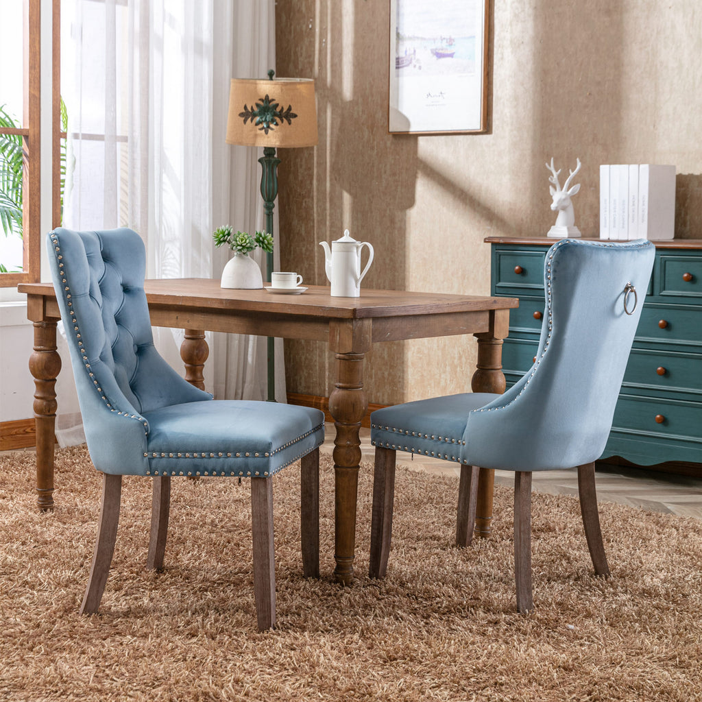 Nikki Collection Modern, High-end Tufted Solid Wood Contemporary Velvet Upholstered Dining Chair with Wood Legs Nailhead Trim 2-Pcs Set,Light Blue, SW2001LB - Grand Goldman Shop
