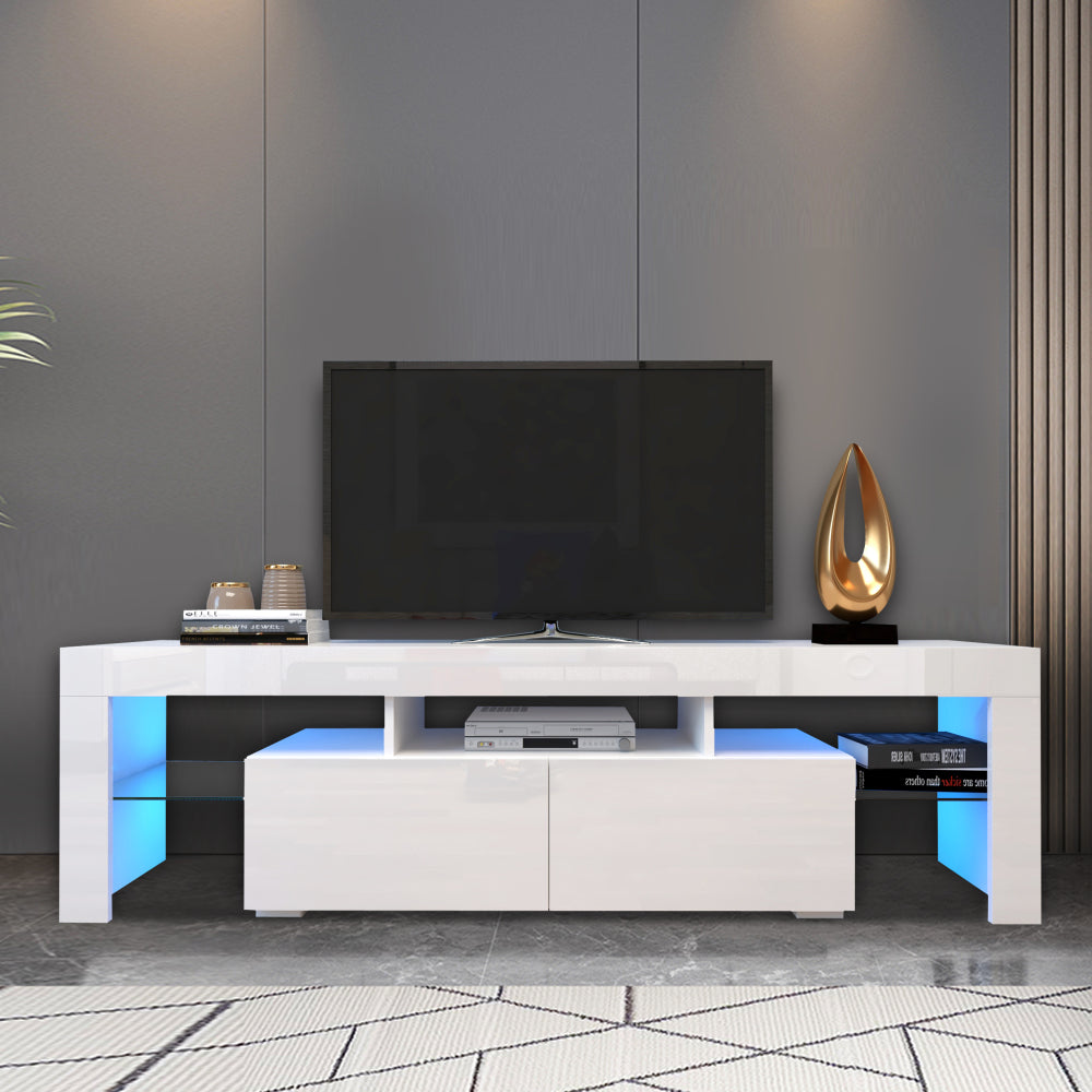 Modern White TV Stand, 20 Colors LED TV Stand w/Remote Control Lights - Grand Goldman Shop
