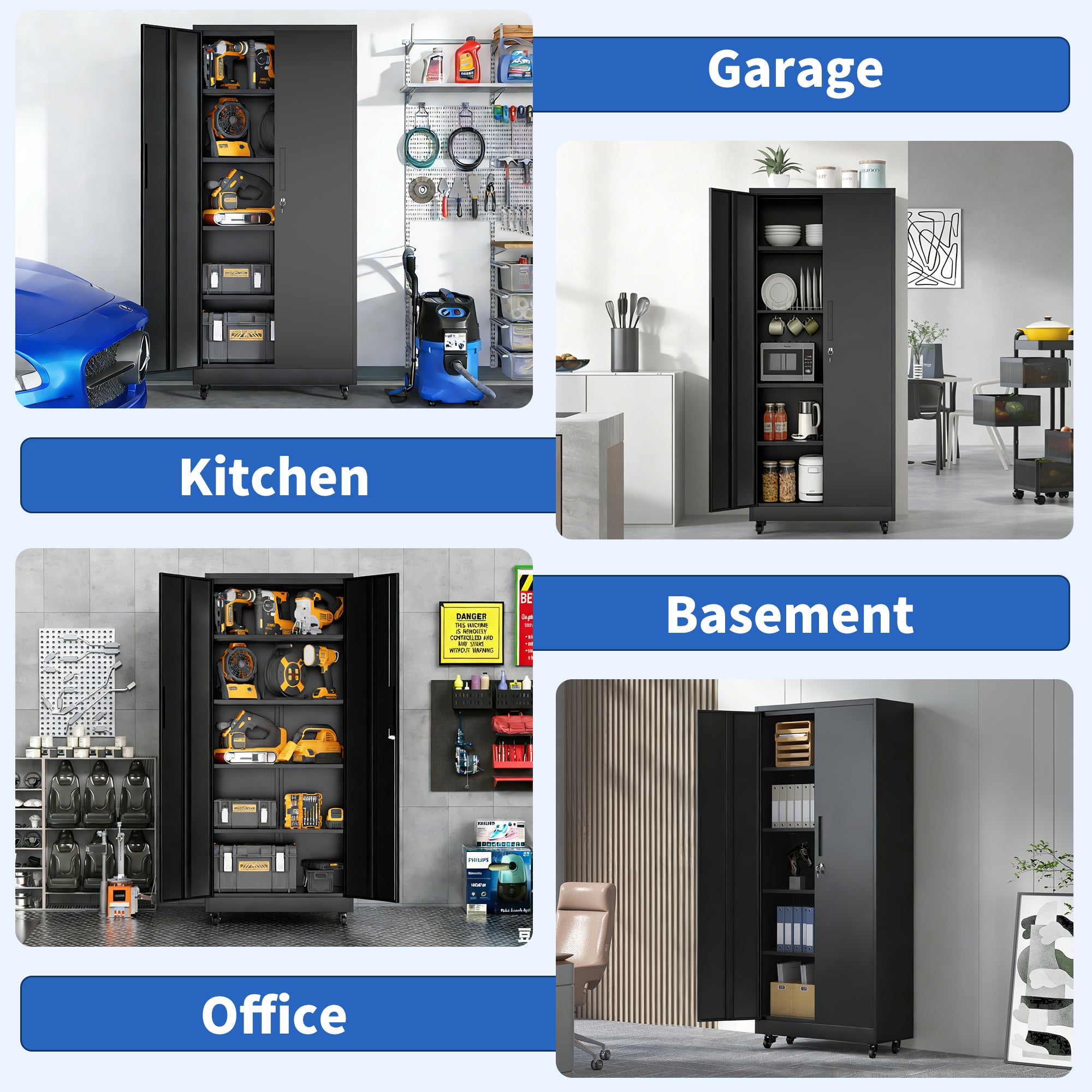 71'H Metal Garage Storage Cabinet with Wheels and Lock, Heavy Duty Rolling Metal Cabinet, 4 Adjustable Shelves (180lb Each), 