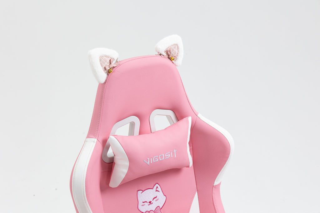 Cat Ears Pink Gaming Chair - Pink PU Leather Ergonomic Reclining Office Chair with Footrest, 310lb Capacity, 6-Position Recli
