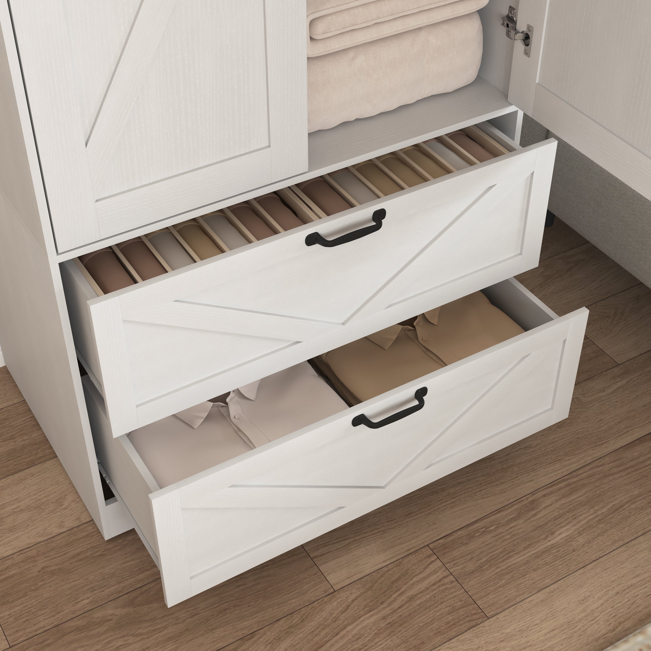 2 Door Wood Wardrobe for Bedroom with Hanging Clothing Rod inside the Cabinet and 2 Drawers for Storage Organization, Built-in induction light Multifunctional Closet with Mirror, White - Grand Goldman Shop