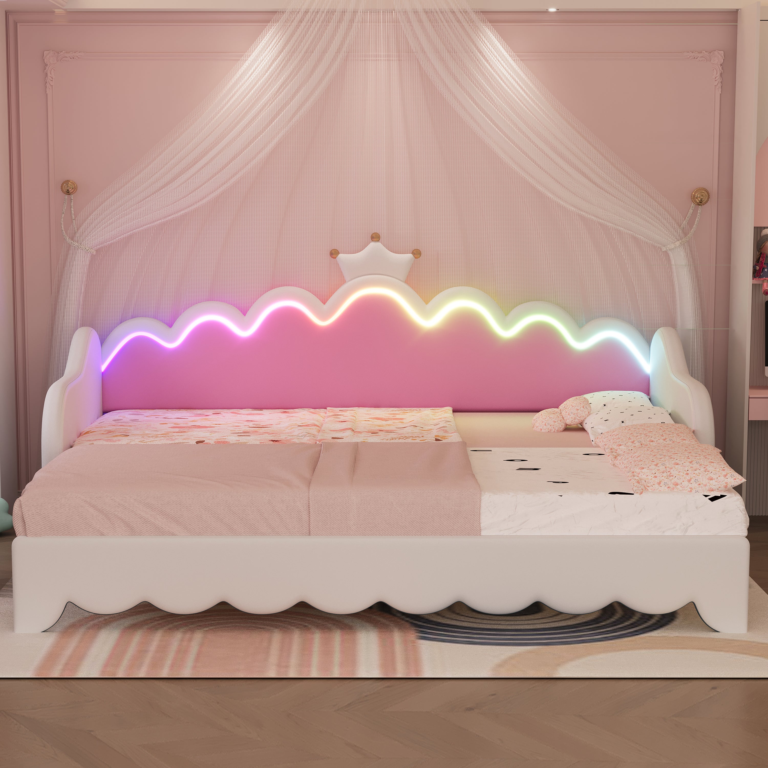 Twin Extending Daybed with LED Lights, Modern Upholstered Princess Daybed With Crown Headboard,White - Grand Goldman Shop