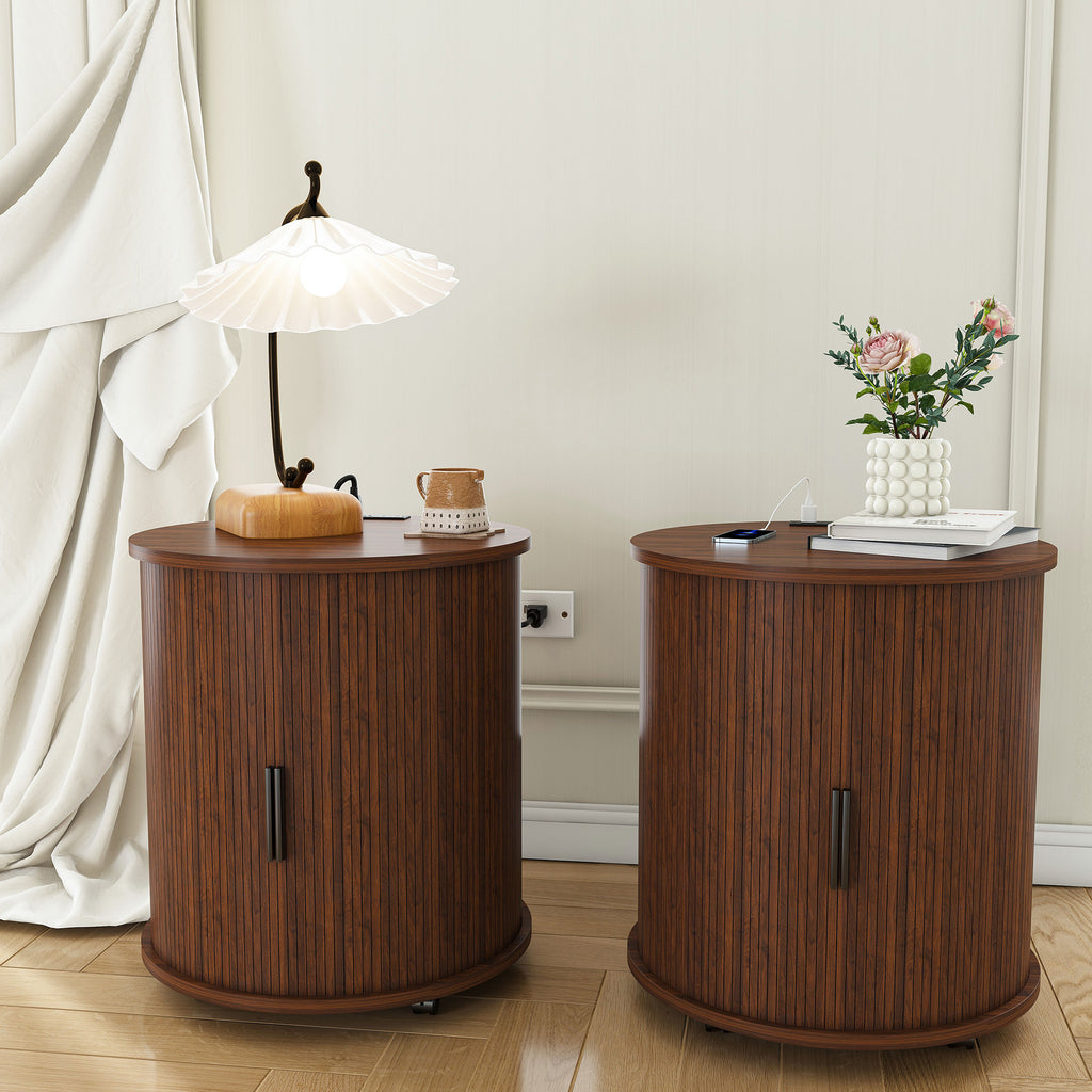 Mid Century Modern Cylinder End Table with Built-in Charging Station & Sliding Door, 2-Tier Storage Round Nightstand with USB Ports, Walnut Bedside Table for Living Room, Bedroom, Entryway - Grand Goldman Shop