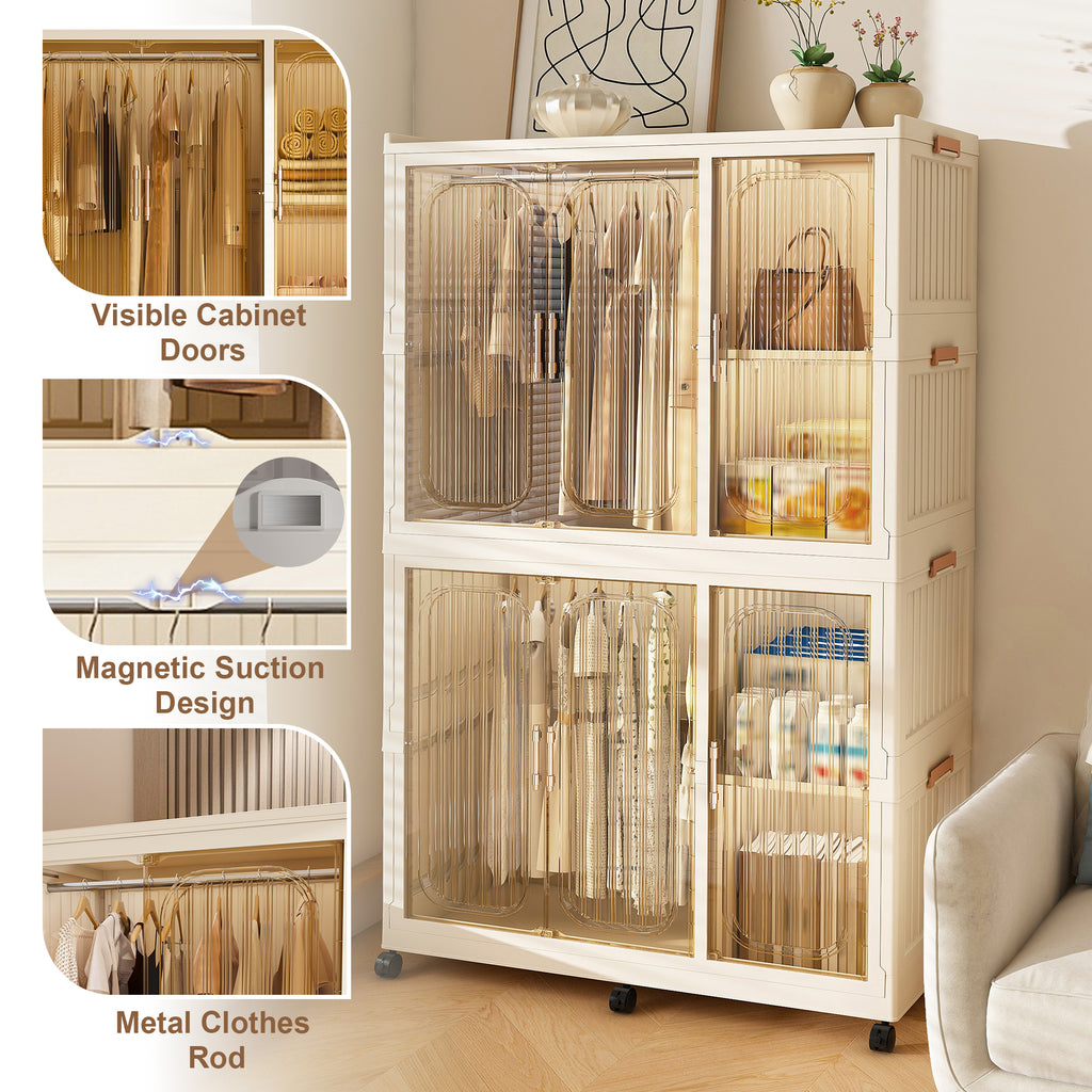 Portable Wardrobe Closet Storage Organizer for Clothes, 6 Magnetic Doors with 6 Cubes & 2 Hanging Rods, 6 Hangers, White, Child-Safe PP+ABS Material - Grand Goldman Shop