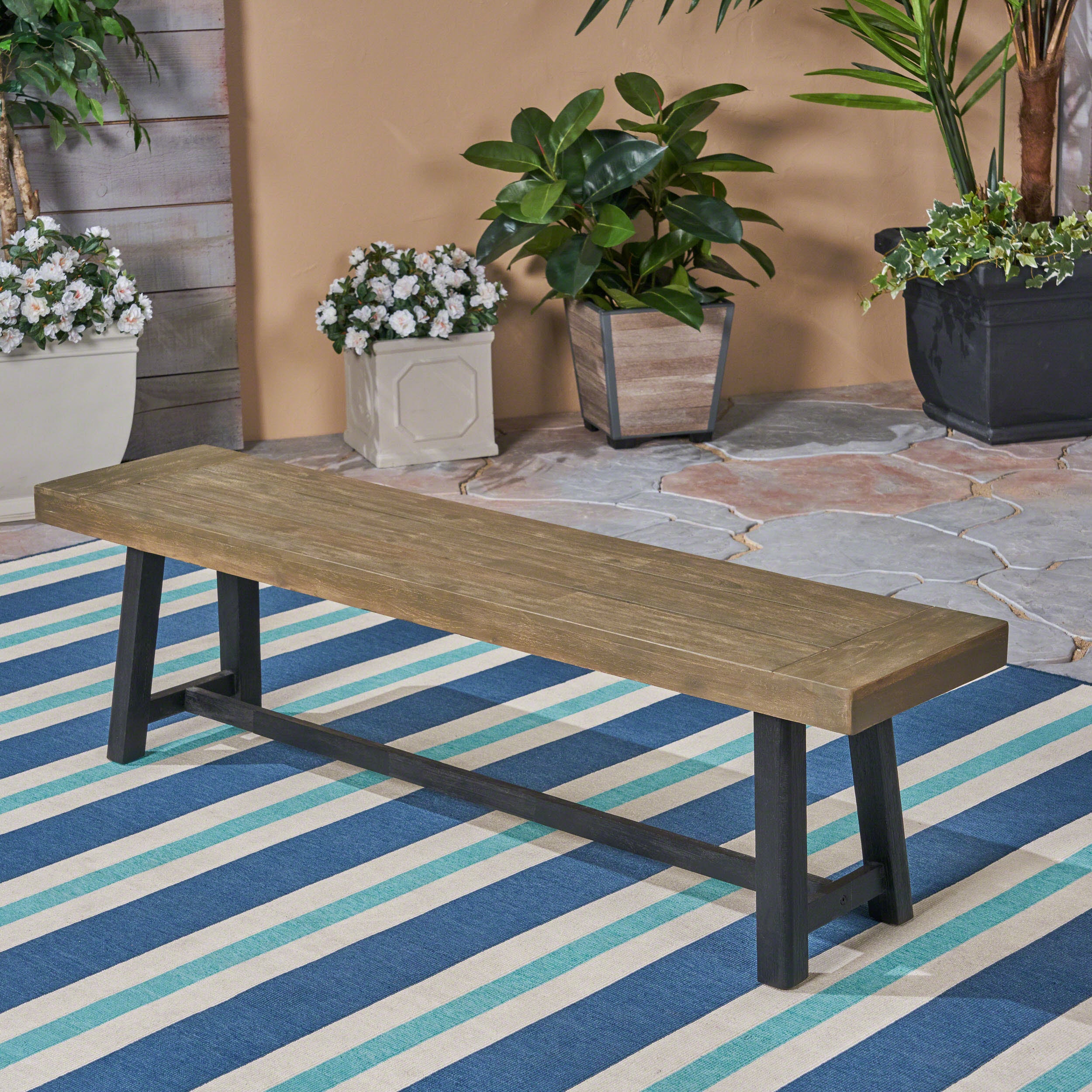 Cloud Outdoor Bench with Acacia Wood Frame and Slat Panel Design, Sandblast Grey and Black - Grand Goldman Shop