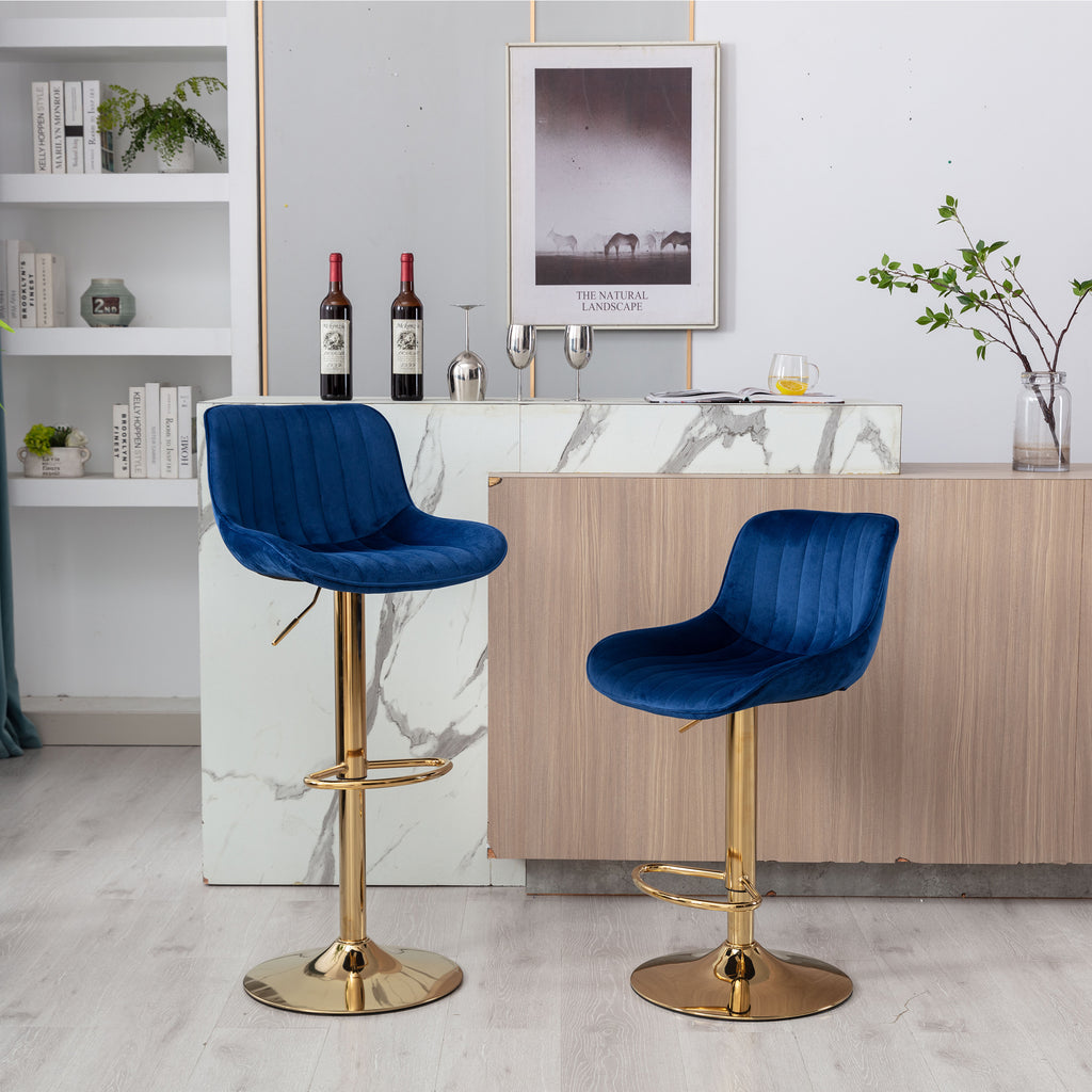Chrome Footrest and Base Swivel Height Adjustable Mechanical Lifting Velvet + Golden Leg Simple Bar Stool,Set of 2,Navy - Grand Goldman Shop