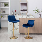 Chrome Footrest and Base Swivel Height Adjustable Mechanical Lifting Velvet + Golden Leg Simple Bar Stool,Set of 2,Navy - Grand Goldman Shop