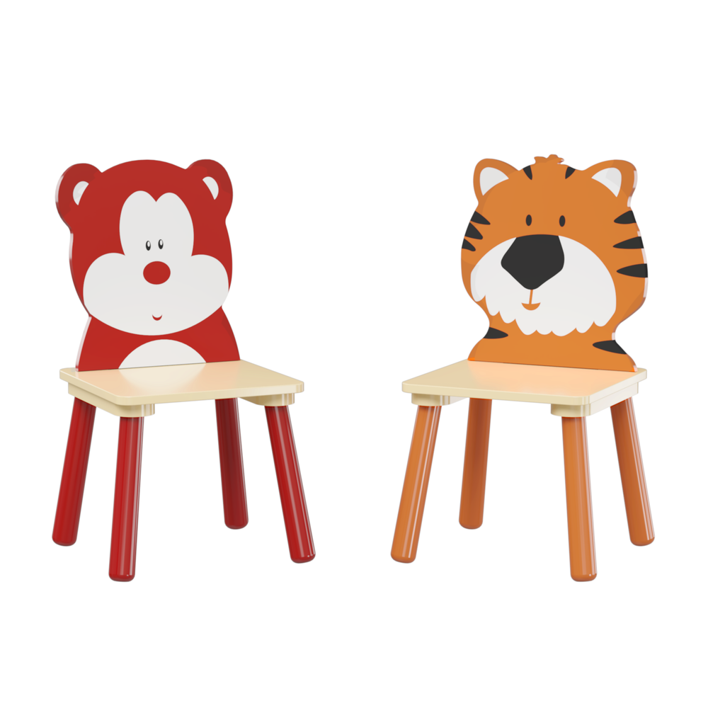 Kids Table and 2 Chairs Set, Wooden Activity Play Table Set with Bear & Tiger Design in White & Orange, Solid Wood and MDF Co