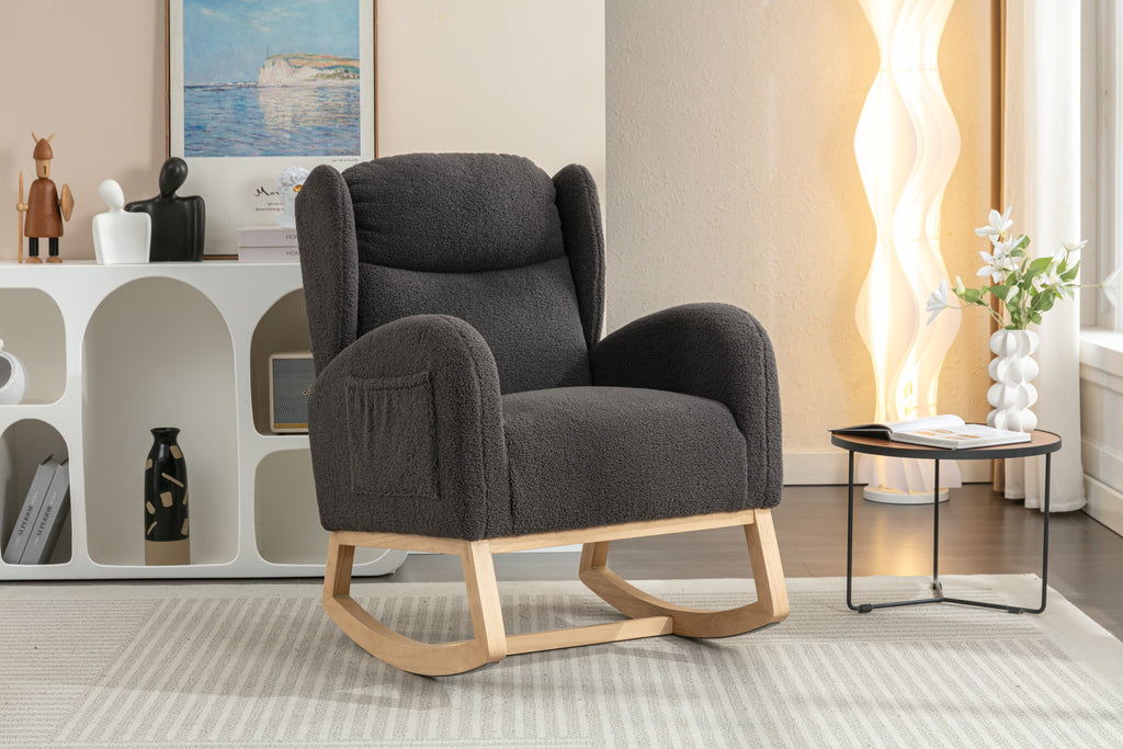 049-Teddy Fabric Rocking Chair With Packet Wood Legs,Dark Gray - Grand Goldman Shop