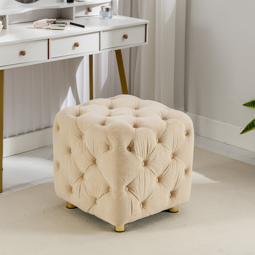 Beige Modern Velvet Upholstered Ottoman, Exquisite Small End Table, Soft Foot Stool, Dressing Makeup Chair, Comfortable Seat for Living Room, Bedroom, Entrance - Grand Goldman Shop