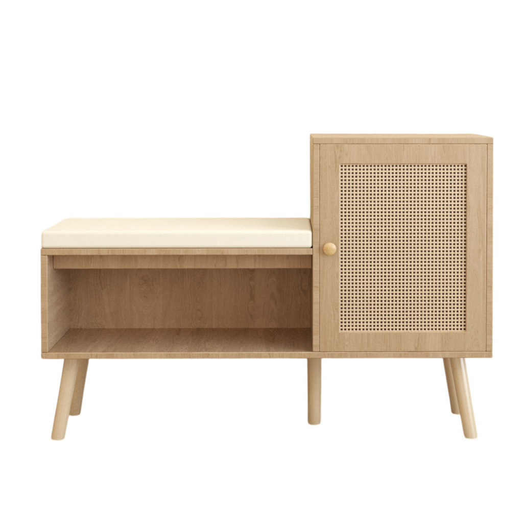 2-in-1 Shoe Storage Bench with Adjustable Shelves, Antique Natural Rattan Finish, PP Rattan and Wood Construction, Modern Entryway Organizer, 39.4 x 27.6 x 11.8 inches - Grand Goldman Shop