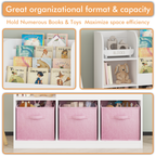 Kids Bookcase and Bookshelf with 3 Collapsible Fabric Drawers, Multifunctional White/Pink Display Stand for Bedroom, Playroom