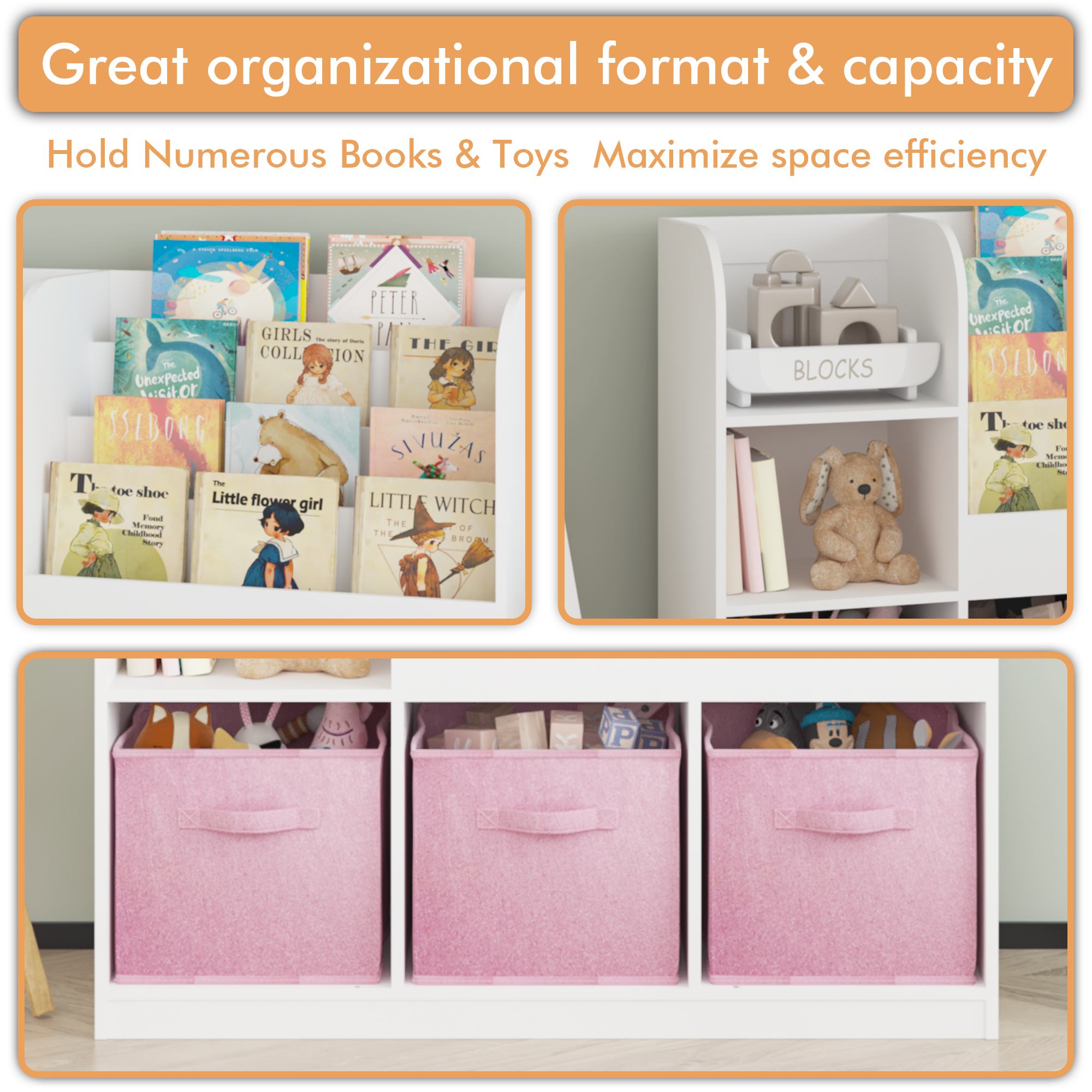 Kids Bookcase and Bookshelf with 3 Collapsible Fabric Drawers, Multifunctional White/Pink Display Stand for Bedroom, Playroom