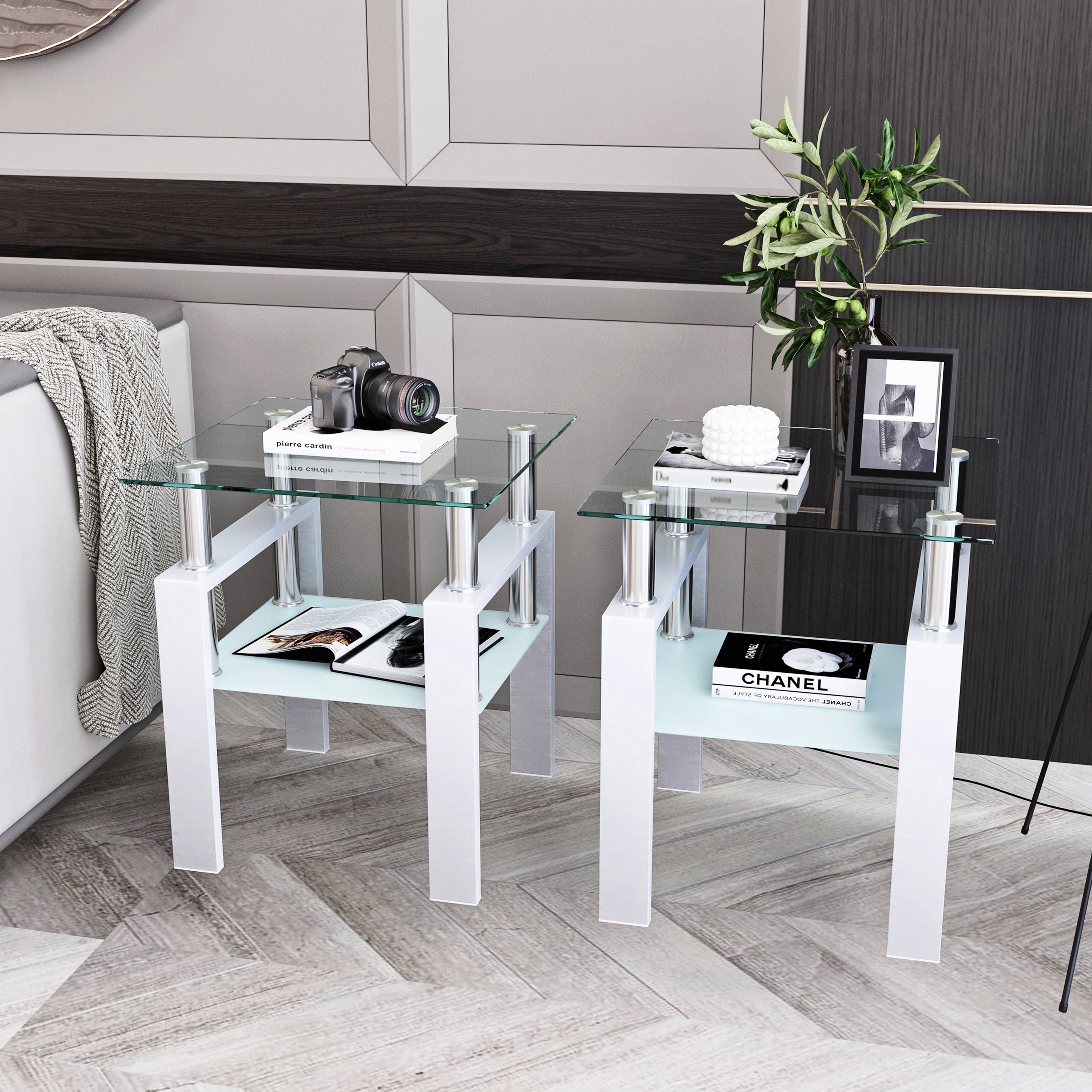 Set of 2, Modern Tempered Glass Tea Table Coffee Table End Table, Square Table for Living Room, Transparent/White - Grand Goldman Shop