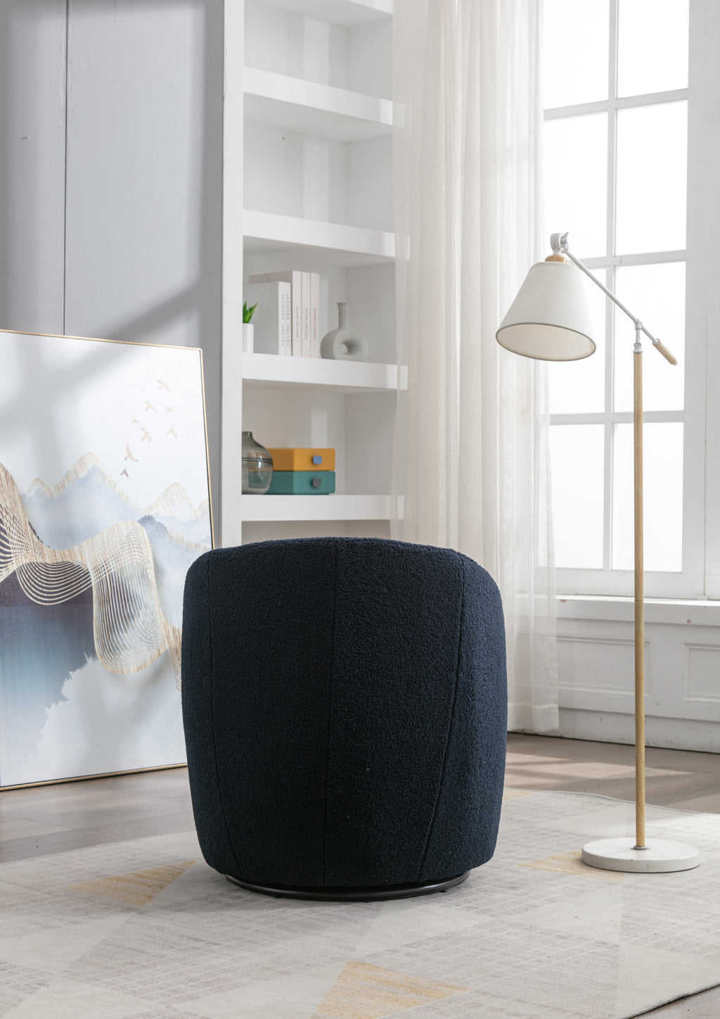 Teddy Fabric Swivel Accent Armchair Barrel Chair With Black Powder Coating Metal Ring,Dark Blue - Grand Goldman Shop