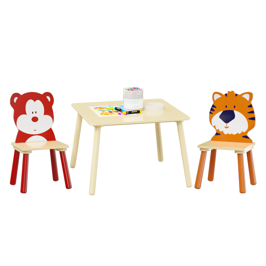 Kids Table and 2 Chairs Set, Wooden Activity Play Table Set with Bear & Tiger Design in White & Orange, Solid Wood and MDF Co