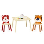 Kids Table and 2 Chairs Set, Wooden Activity Play Table Set with Bear & Tiger Design in White & Orange, Solid Wood and MDF Co