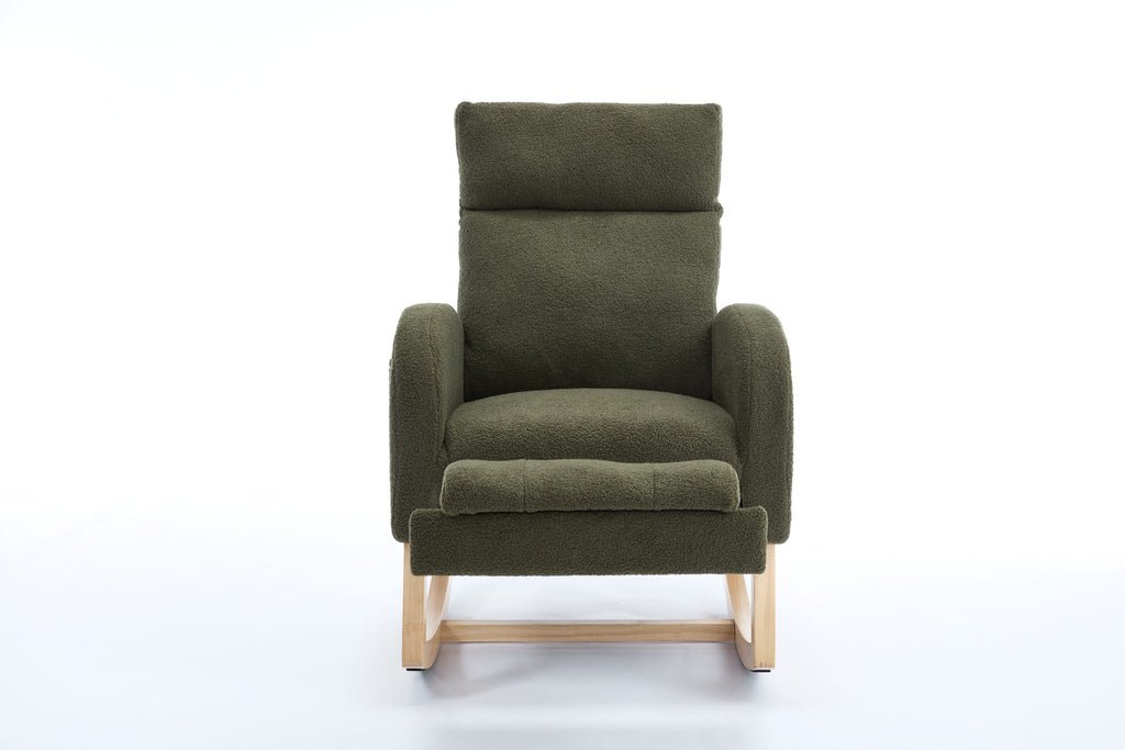015B-Teddy Fabric Leisure Rocking Chair,Nursery Rocking Chair With Adjustable Footstool,Thickened Headrest And High Backrest, Storage Pocket On The Right Side,The Base Rocker Is Solid Wood,Green - Grand Goldman Shop