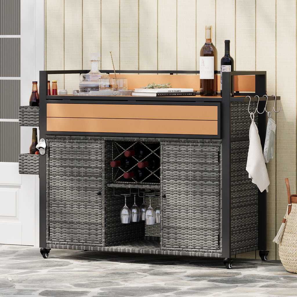 K&K 52.8'W Wicker Outdoor Grill Cart with Extended Plastic Wood Table Top, Rolling Kitchen Island on Wheels with Storage Cabinet, for Patio Backyard Garden Poolside, Double Handle Design, Grey - Grand Goldman Shop