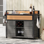 K&K 52.8'W Wicker Outdoor Grill Cart with Extended Plastic Wood Table Top, Rolling Kitchen Island on Wheels with Storage Cabinet, for Patio Backyard Garden Poolside, Double Handle Design, Grey - Grand Goldman Shop