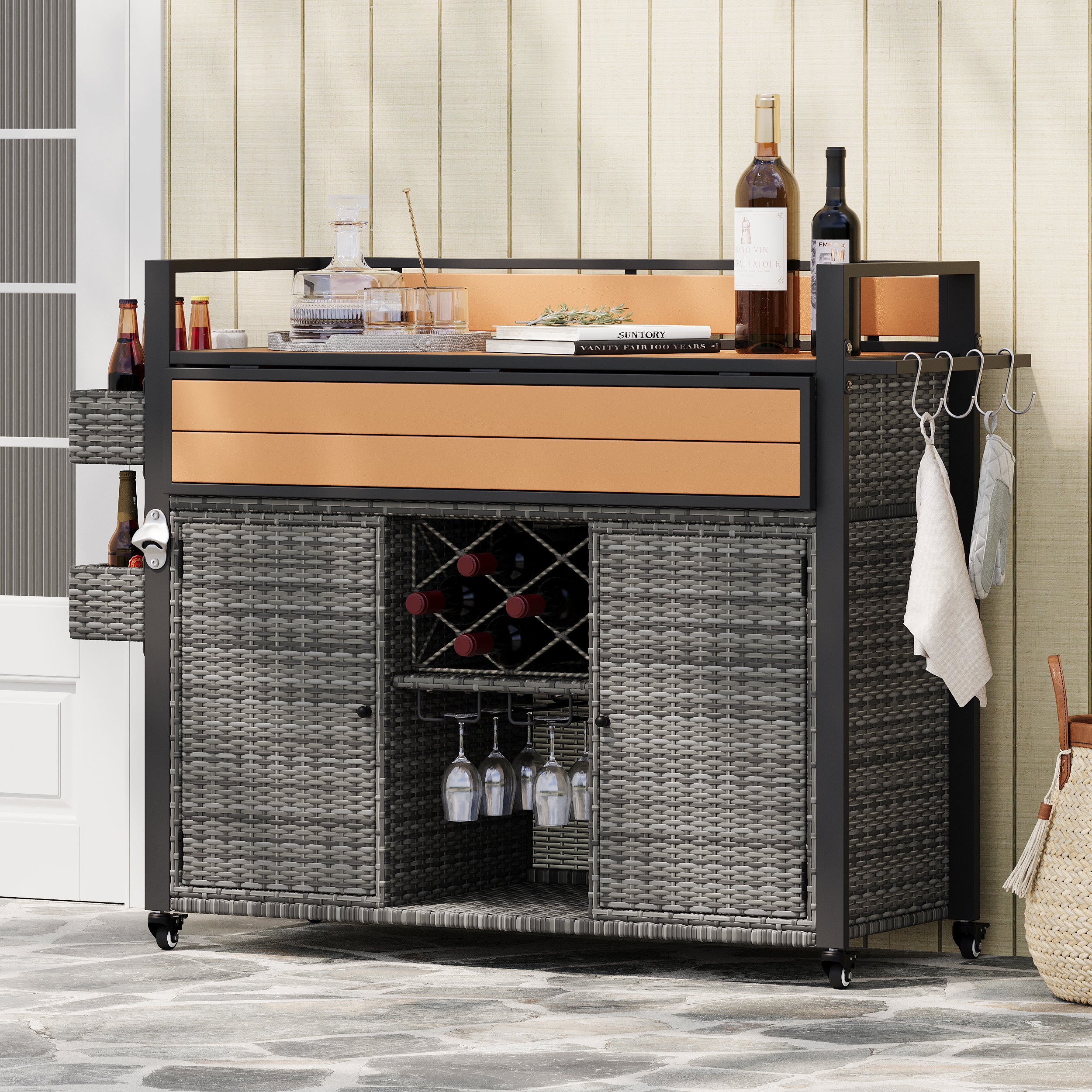 K&K 52.8'W Wicker Outdoor Grill Cart with Extended Plastic Wood Table Top, Rolling Kitchen Island on Wheels with Storage Cabinet, for Patio Backyard Garden Poolside, Double Handle Design, Grey - Grand Goldman Shop