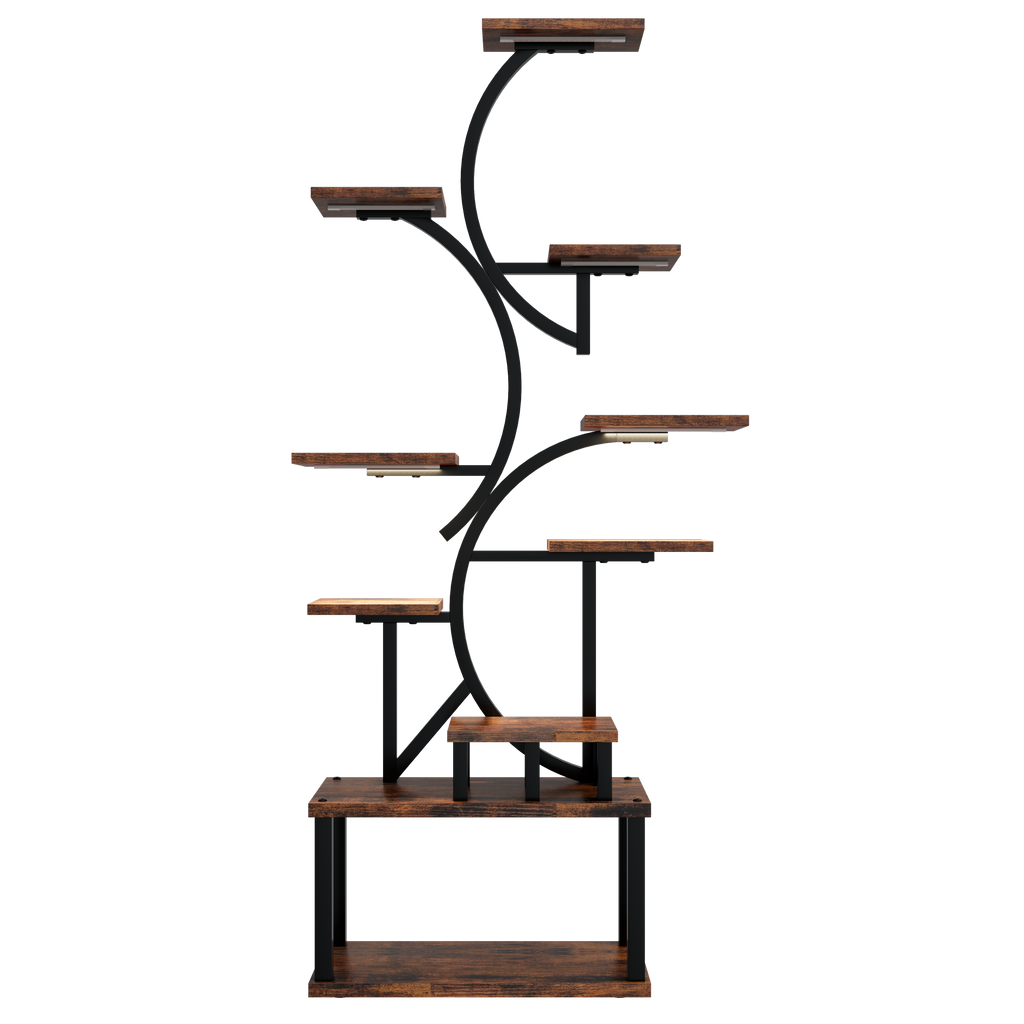 S-Shaped 10-Tier Plant Stand with 5 Grow Lights in Deep Rustic Brown, MDF and Steel, 68.5' Tall for Indoor Plants - Grand Goldman Shop