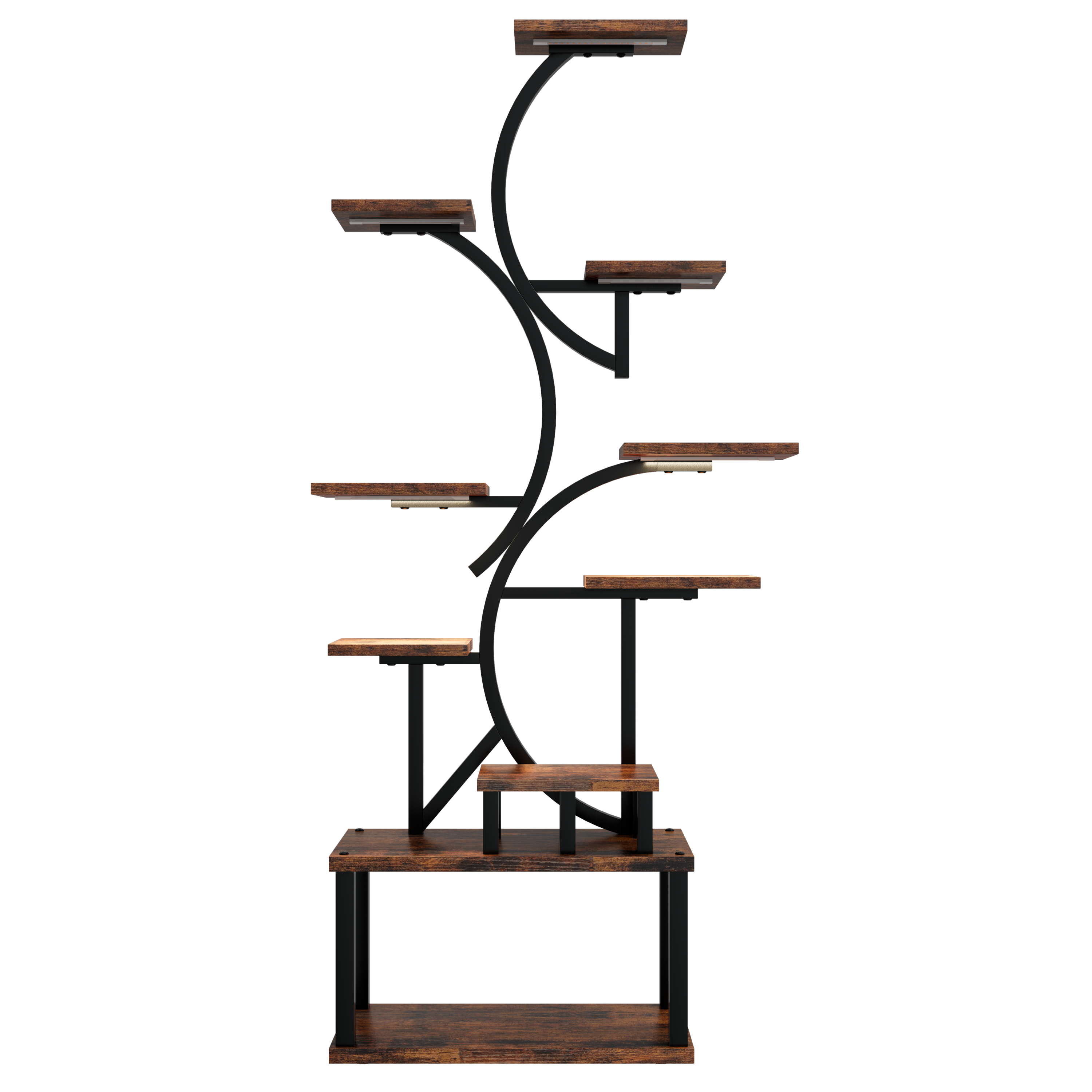 S-Shaped 10-Tier Plant Stand with 5 Grow Lights in Deep Rustic Brown, MDF and Steel, 68.5' Tall for Indoor Plants - Grand Goldman Shop