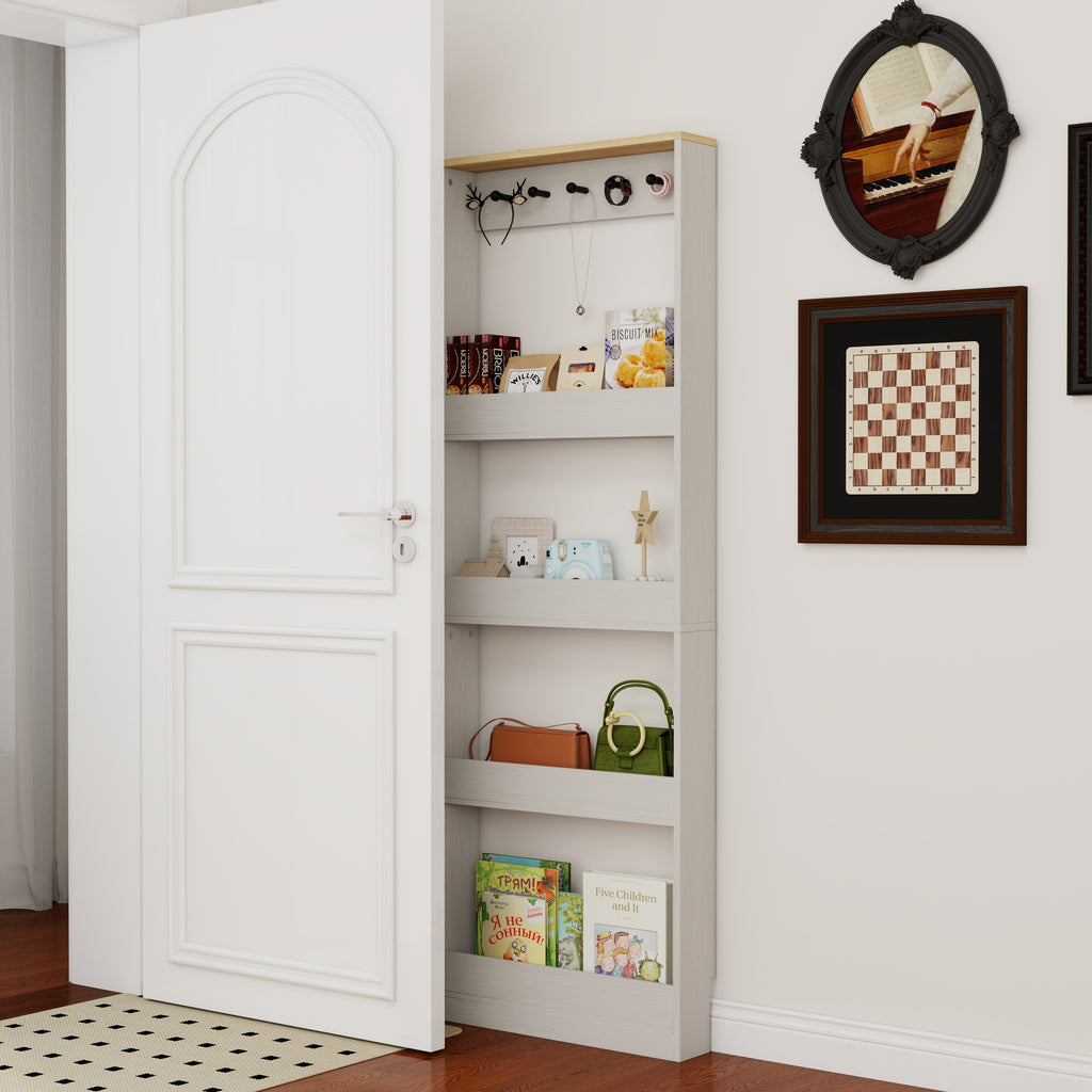 Behind The Door 69' Tall Bookcase with 4 Shelves and 5 hooks,  Space-Saving Narrow storage cabinet for Living Room, Children's Room, Study Room, Kitchen, Corridor-Antique White - Grand Goldman Shop
