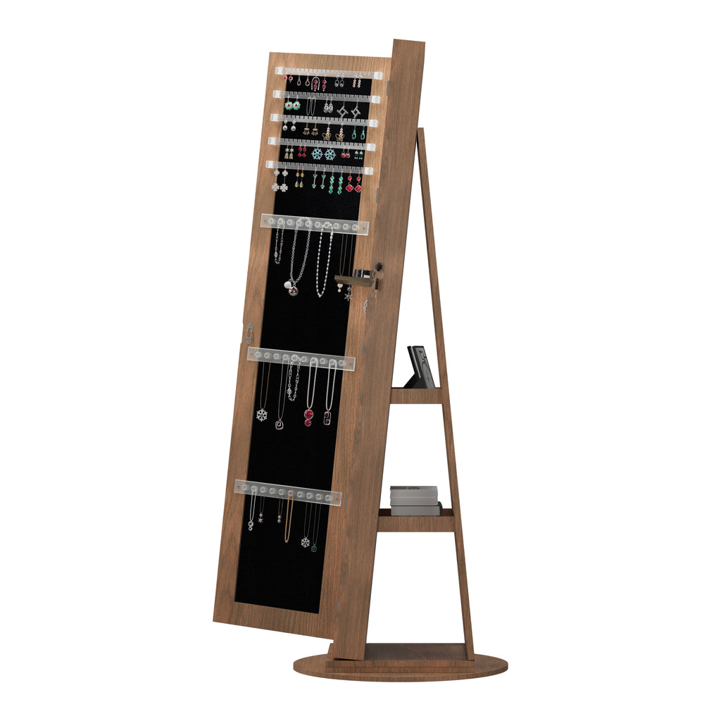 360°Swivel Jewelry Cabinet with Full Length Mirror, 360°Rotating Standing Jewelry Armoire Organizer , Lockable Storage Cabinet, Interior Lighted Mirror, Light Walnut - Grand Goldman Shop
