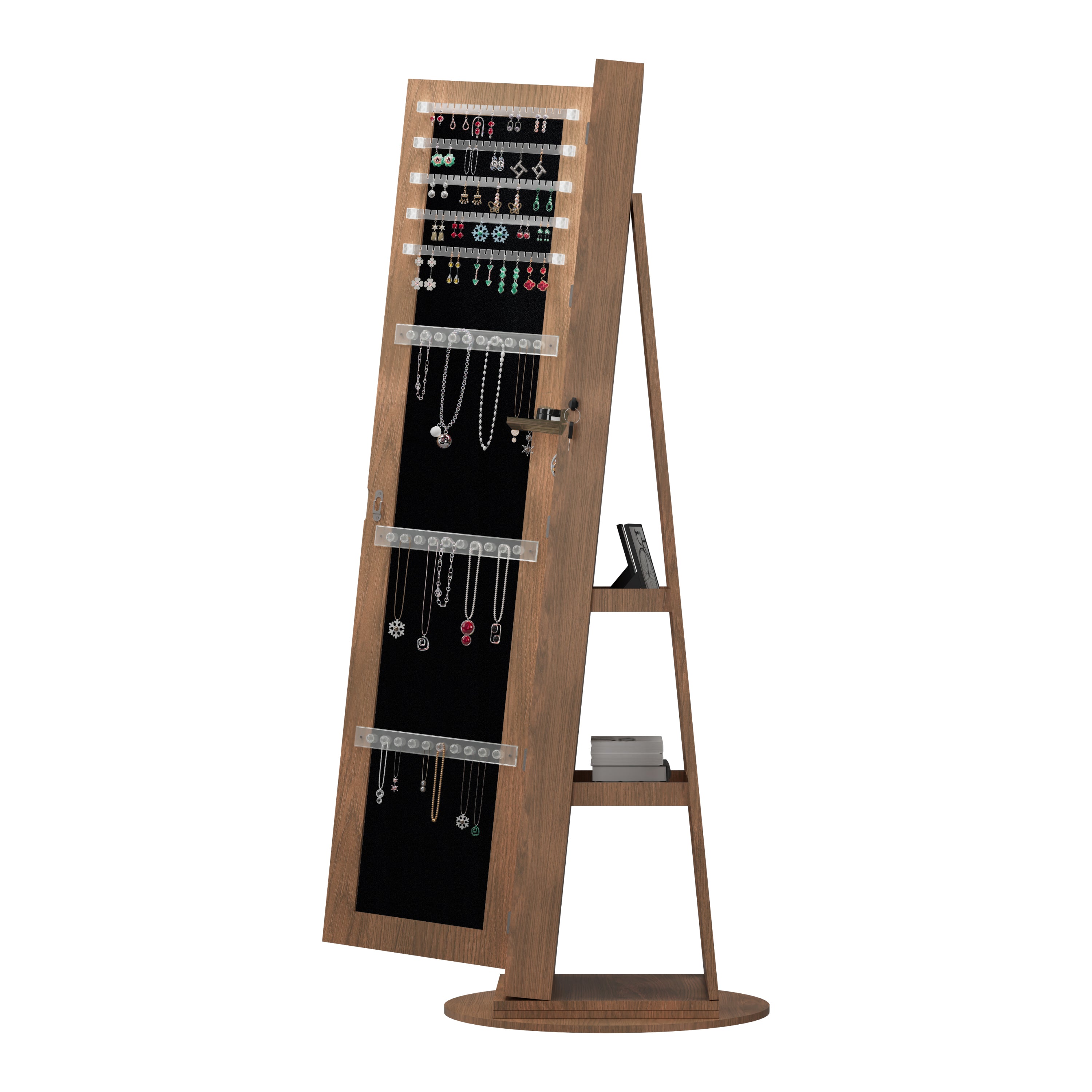 360°Swivel Jewelry Cabinet with Full Length Mirror, 360°Rotating Standing Jewelry Armoire Organizer , Lockable Storage Cabinet, Interior Lighted Mirror, Light Walnut - Grand Goldman Shop