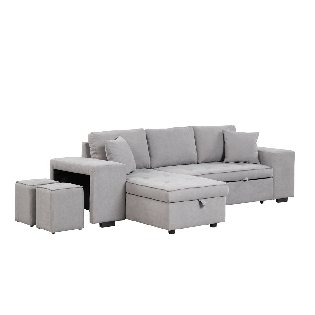 Modern Reversible L-Shape Pull Out Sleeper Sofa with Storage Chaise and Stools, Gray Linen, 104.5' - Grand Goldman Shop