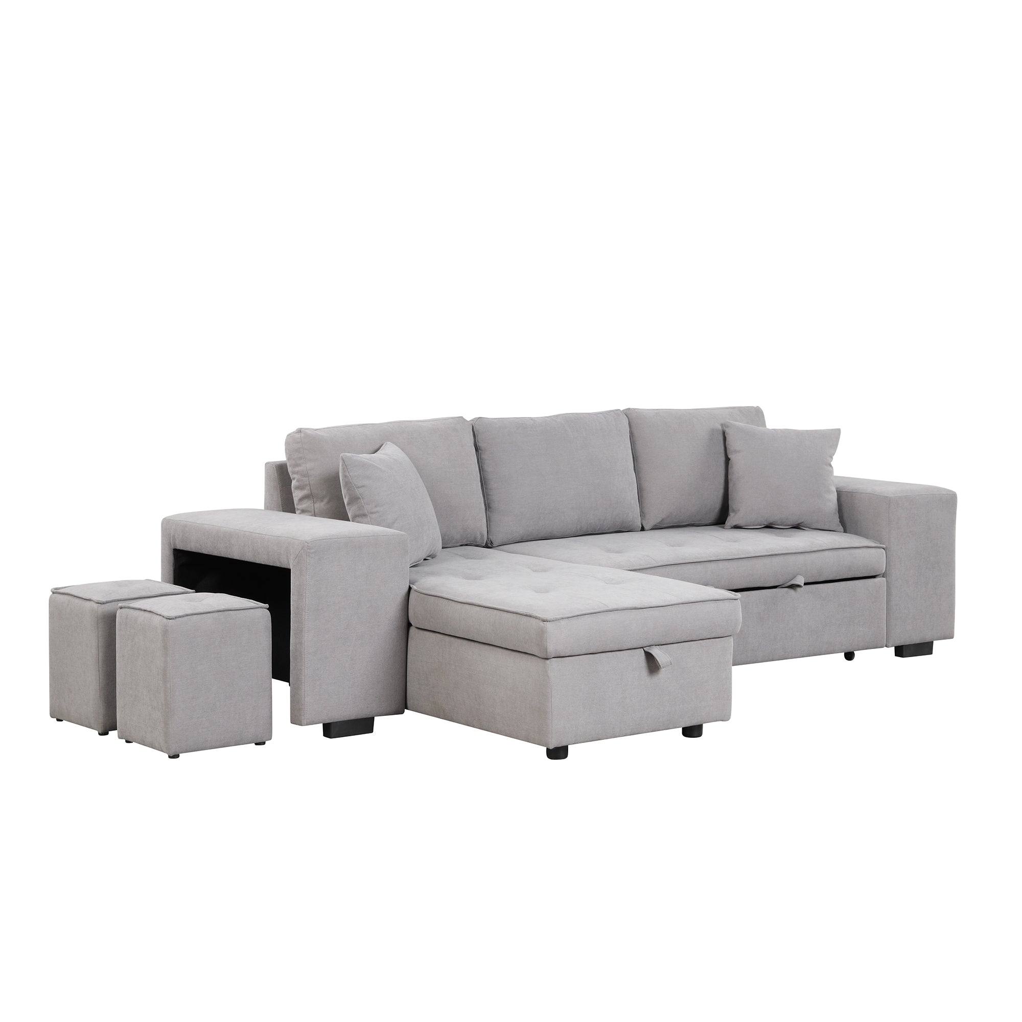 Modern Reversible L-Shape Pull Out Sleeper Sofa with Storage Chaise and Stools, Gray Linen, 104.5' - Grand Goldman Shop